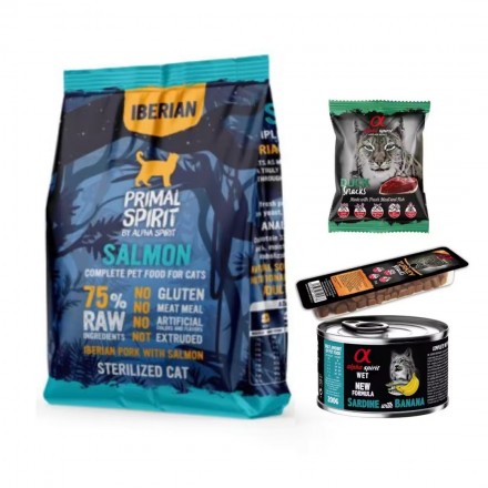 Alpha Spirit Primal Spirit Pack Degustación Gatos 75% Ibérico Esterilizado Salmon 1kg + Tarrina 100gr + Lata 200gr + Snacks 50g